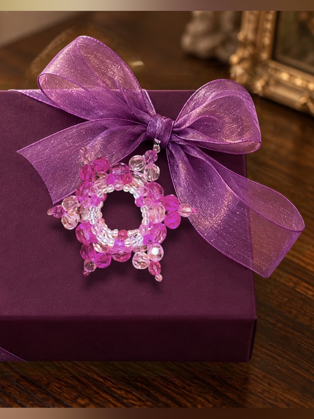 Wild Violet Handmade Bead Ornament “Wild Rose” on Velvet Ribbon